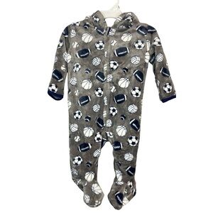 NWT Gray Sports-Themed Fleece Hooded Baby One Piece